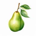 Pear with Leaf Isolated on White Background. Watercolour illustration. Generative AI. Royalty Free Stock Photo