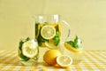 Ripe fresh lemons, mint and lemonade sassy water. Vitamins concept. Strengthening immunity concept. Summer mood