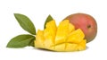 Ripe fresh mango fruit and slices and leaves on a white isolated background. tropical fruit Royalty Free Stock Photo