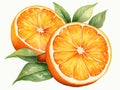 Orange sliced in half with Leaf Isolated on White Background. Watercolour illustration. Generative AI. Royalty Free Stock Photo