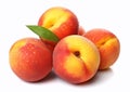 Ripe fresh peaches with leaf on white background.Macro.AI Generative