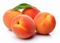 Ripe fresh peaches with leaf on white background.Macro.AI Generative