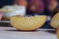 Ripe fresh peaches on a wooden table Royalty Free Stock Photo