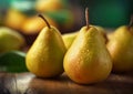 Ripe fresh pears on wooden table background.Macro.AI Generative Royalty Free Stock Photo