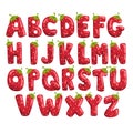 Ripe fresh strawberry English alphabet, bright red berry font vector Illustrations on a white background