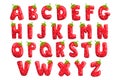 Ripe fresh strawberry English alphabet, bright red berry font vector Illustrations on a white background
