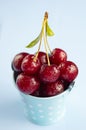 Ripe fresh sweet cherries in a decorative bucket on a blue background. Vertical frame Royalty Free Stock Photo