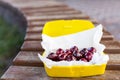 Ripe fresh tasty bio cherries in plastic lunchbox oudoors. Organic sweet berries takeaway quick food for picnic. Wooden table on b Royalty Free Stock Photo