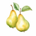 Pear with Leaf Isolated on White Background. Watercolour illustration. Generative AI. Royalty Free Stock Photo