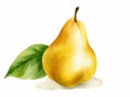 Pear with Leaf Isolated on White Background. Watercolour illustration. Generative AI. Royalty Free Stock Photo