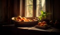 Ripe fruit in the rays of sun coming from the window. Fresh fruit in a wooden bowl indoors on the windowsill. Generative AI Royalty Free Stock Photo