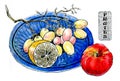 Ripe fruits. Apple, grapes, lemon on blue plate. Watercolor illustration