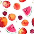 Ripe fruits - apricot, peach, cherry, watermelon. Seamless background. Watercolor food Royalty Free Stock Photo