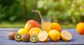 Ripe fruits and a glass of juice on a wooden table Royalty Free Stock Photo