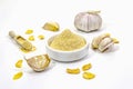 Ripe Garlic Isolated On White Background. Fresh Garlic Cloves, Dry Slices And Powder In Ceramic Bowl. Spice Cooking Background
