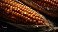 ripe golden corn cob with large drops of water on a dark background