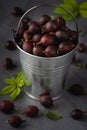 Ripe gooseberries fruit in bucket on grey wooden table Royalty Free Stock Photo