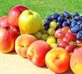 Ripe grape, peaches, pears, apples on grass Royalty Free Stock Photo