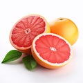 Ripe grapefruit with green leaves isolated on white background. AI generated Royalty Free Stock Photo