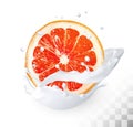 The ripe grapefruit in a milk splash on a transparent background