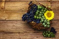 Ripe grapes in handmade basket