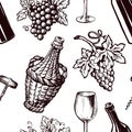 Ripe grapes, wicker bottle and glass for wine seamless pattern