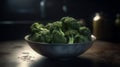 Ripe green cauliflower and broccoli. Dark wood background. Generative ai