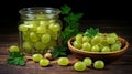 Ripe green gooseberries in a glass transparent bowl and jar on a wooden background. generative ai Royalty Free Stock Photo