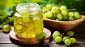 Ripe green gooseberries in a glass transparent bowl and jar on a wooden background. generative ai Royalty Free Stock Photo