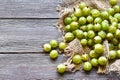 Ripe green gooseberries are scattered on a napkin on a wooden table. Harvesting concept. Vegetarian food. Top view, copy space. Royalty Free Stock Photo