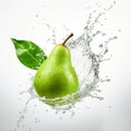 Green Pear Splashing In Water On White Background