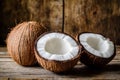 Ripe half cut coconut on a wooden background. Generative AI Royalty Free Stock Photo