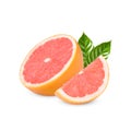 Ripe half of pink grapefruit citrus fruit with leaves isolated on white background Royalty Free Stock Photo