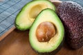 Ripe halved avocado on plate. Closeup.