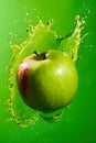 Ripe juicy apple with splashes of drops of water or juice on a green background, Generative AI 1 Royalty Free Stock Photo