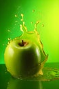 Ripe juicy apple with splashes of drops of water or juice on a green background, Generative AI 2 Royalty Free Stock Photo