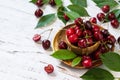 Ripe juicy berry cherry in a bowl on a kitchen rustic table. Royalty Free Stock Photo