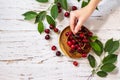 Ripe juicy berry cherry in a bowl on a kitchen rustic table. Royalty Free Stock Photo