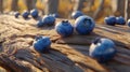 Ripe, Juicy Blueberries Scattered On Rustic Sun-Drenched Wood, Fresh Picked Bounty From The Forest. Royalty Free Stock Photo