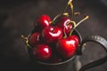 Ripe and juicy cherries in old metal cup on the dark rustic background Royalty Free Stock Photo