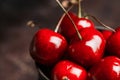 Ripe and juicy cherries in old metal cup on the dark rustic background Royalty Free Stock Photo