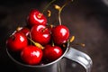 Ripe and juicy cherries in old metal cup on the dark rustic background Royalty Free Stock Photo