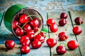 Ripe juicy cherries in the old mug Royalty Free Stock Photo