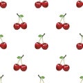 Ripe, juicy cherries on a twig with a leaf, red on a white background. Watercolor, seamless pattern. For decoration and