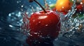 Ripe juicy cherry berry in a water splash on a dark background