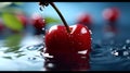 Ripe juicy cherry berry in a water splash on a dark background