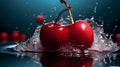 Ripe juicy cherry berry in a water splash on a dark background