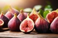 Ripe and Juicy Fresh Figs on the Wooden Table. AI Generated