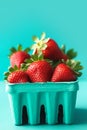 Ripe juicy fresh strawberries in a blue carton on turquoise background. Summer berries healthy lifestyle farmers market produce Royalty Free Stock Photo