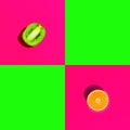 Ripe juicy halved orange kiwi on duotone bright neon fuchsia pink green background with blank squares for text